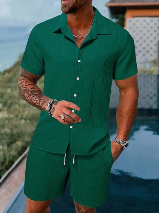 Herren Kurzarm Hemd Set Grün mit Shorts Strukturmuster Freizeit Zweiteiler Sommer Outfit
