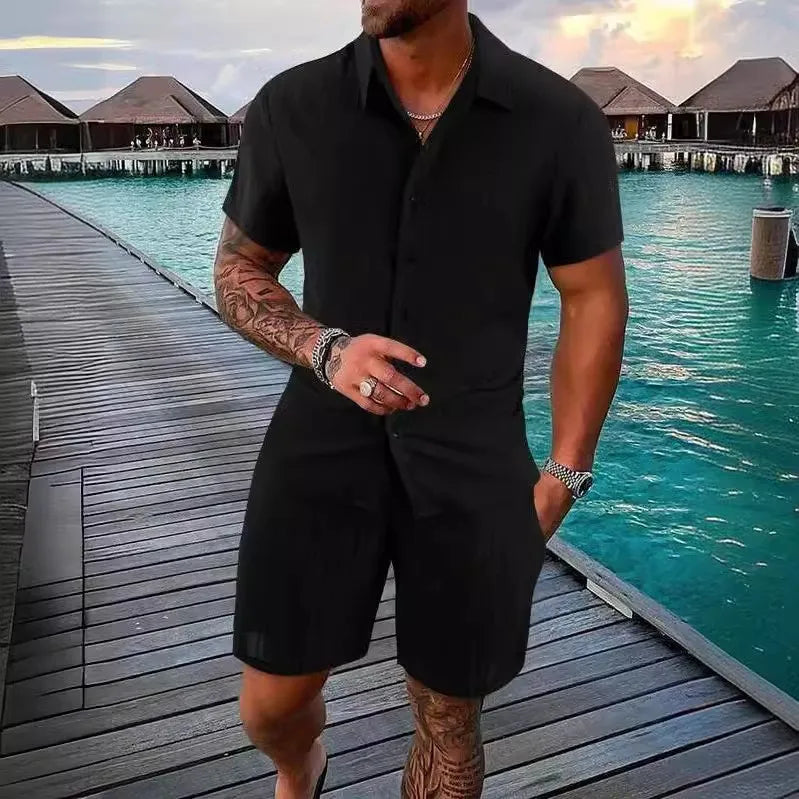 Herren Kurzarm Hemd Set Grün mit Shorts Strukturmuster Freizeit Zweiteiler Sommer Outfit