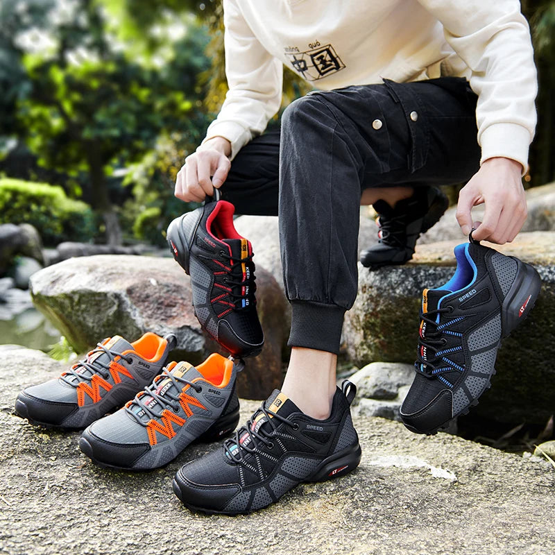 Herren Schwarz Grau rutschfest Outdoor Wanderschuhe mit Schnürung und griffiger Sohle