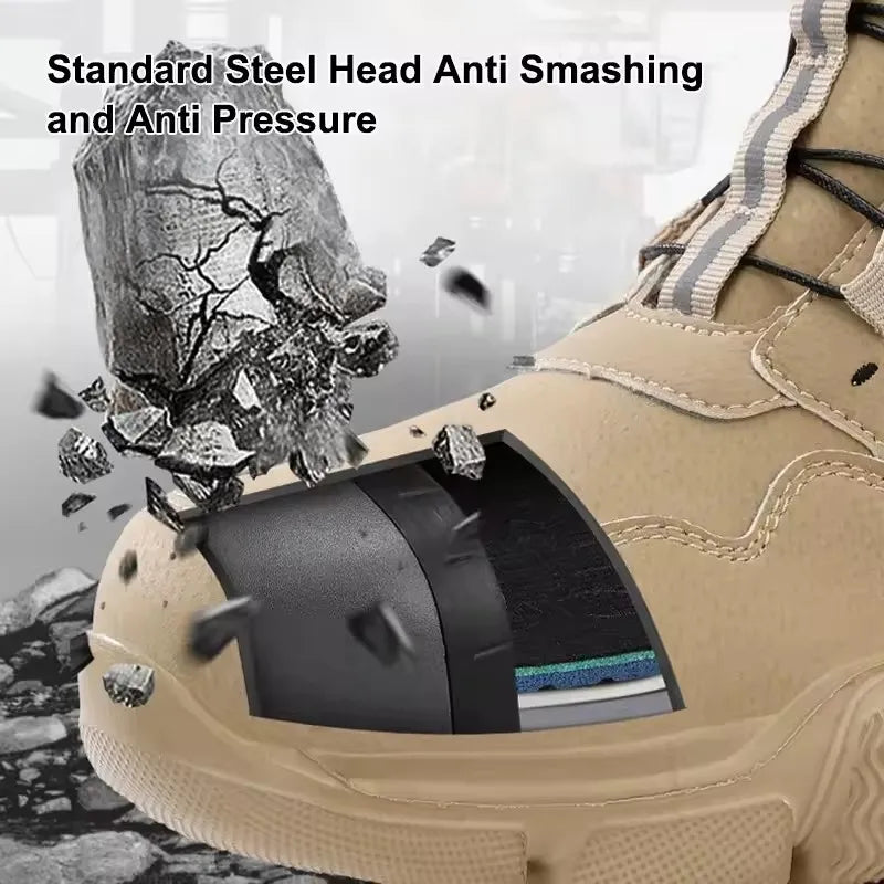 Sicherheitsstiefel Beige mit Drehverschluss, rutschfeste Arbeitsschuhe mit Zehenschutz und durchtrittshemmender Sohle