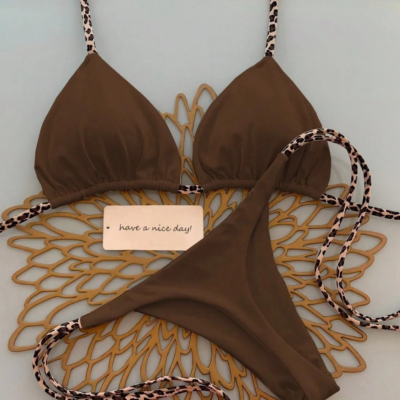 Damen Bikini-Set Leopardenmuster Tanga Bademode Strand Badeanzug