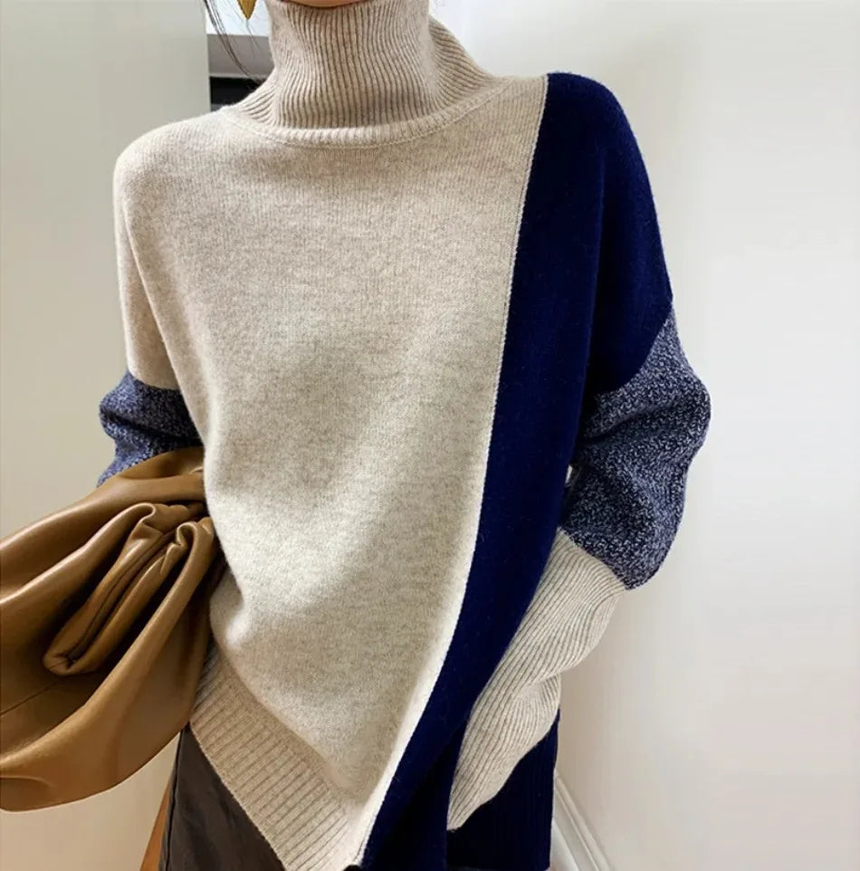Damen Rollkragenpullover Zweifarbig Langarm weiches Material lockere Passform-Kontrastdesign