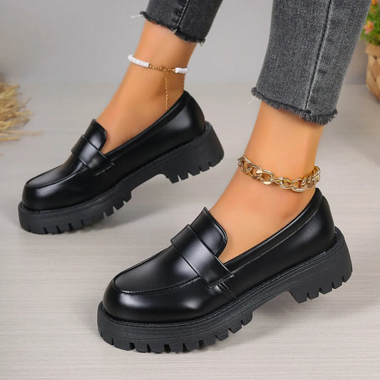 Damen Loafer Plattform Schwarz Plus Size Oxford Schuhe runde Kappe dicker Boden Slip-On