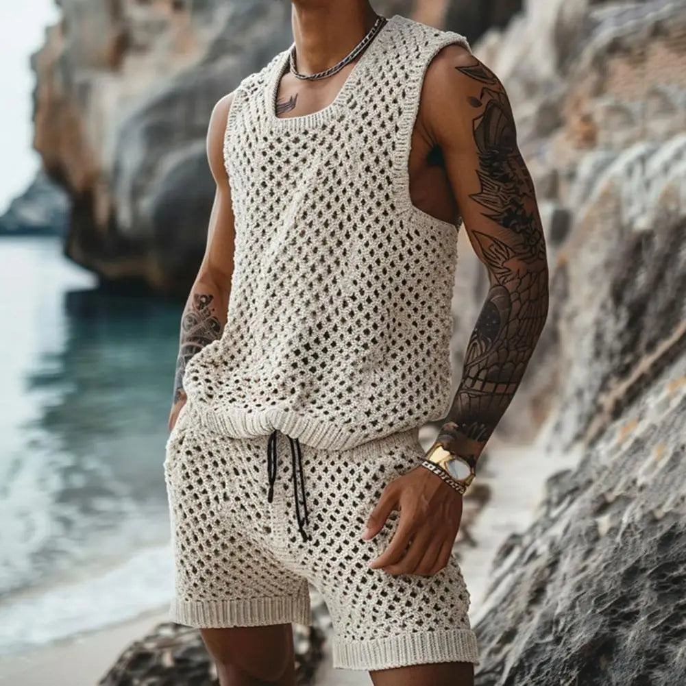 Herren Strick Zweiteiler Creme ärmelloses Tanktop mit Shorts Lochmuster Freizeit Sommer Set