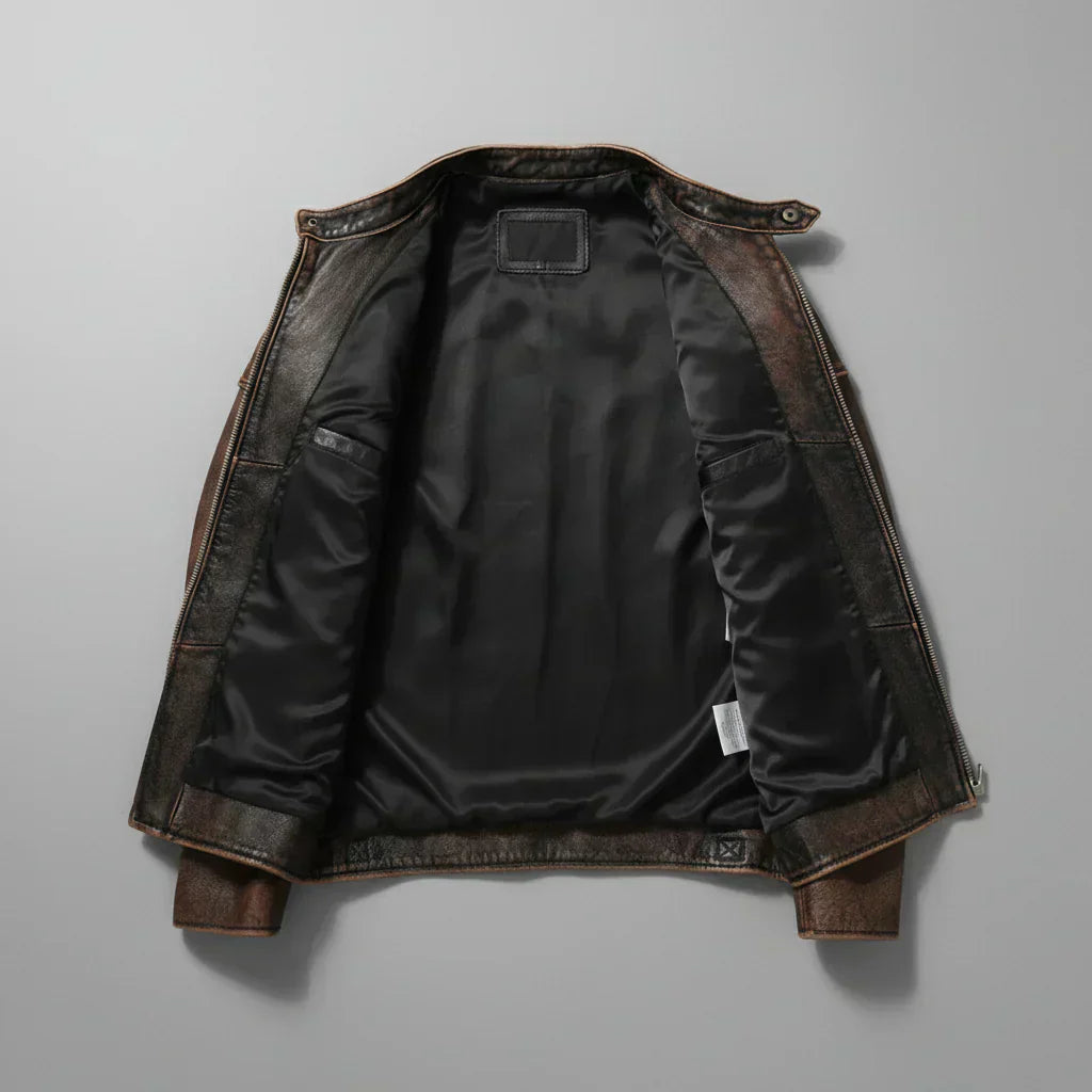 Herren Lederjacke Rindsleder Vintage Look moderne Passform Reißverschlusstaschen