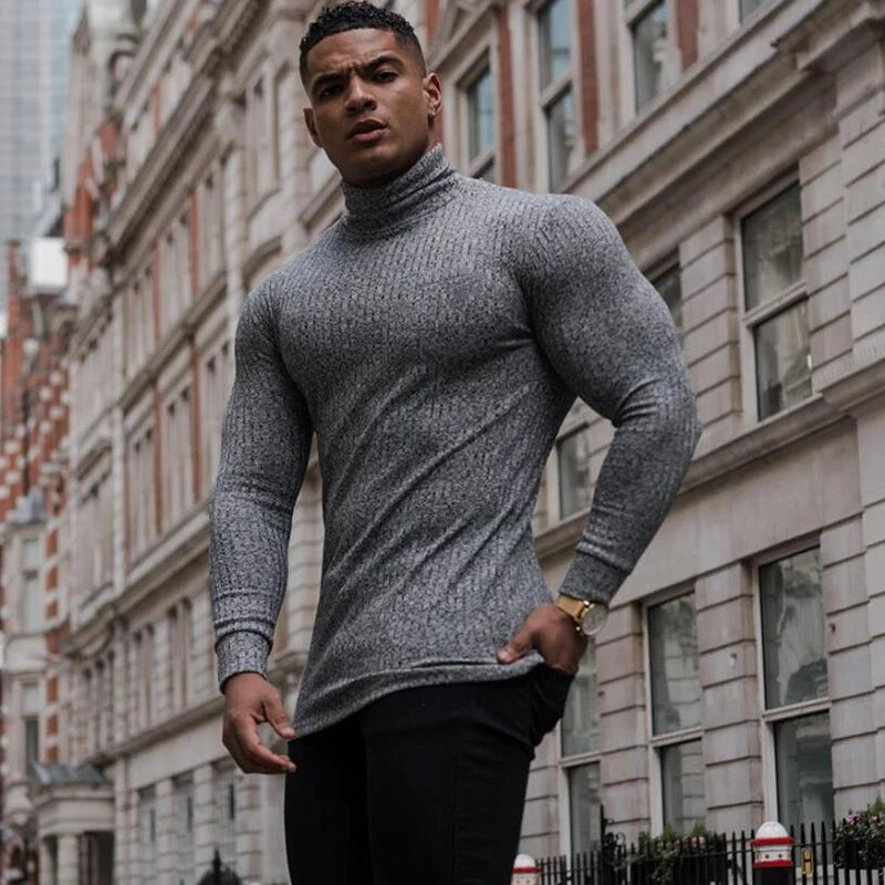 Herren Rollkragen Shirt Slim Fit Langarm Strickshirt Atmungsaktiv Schnelltrocknend für Gym Fitness Bodybuilding