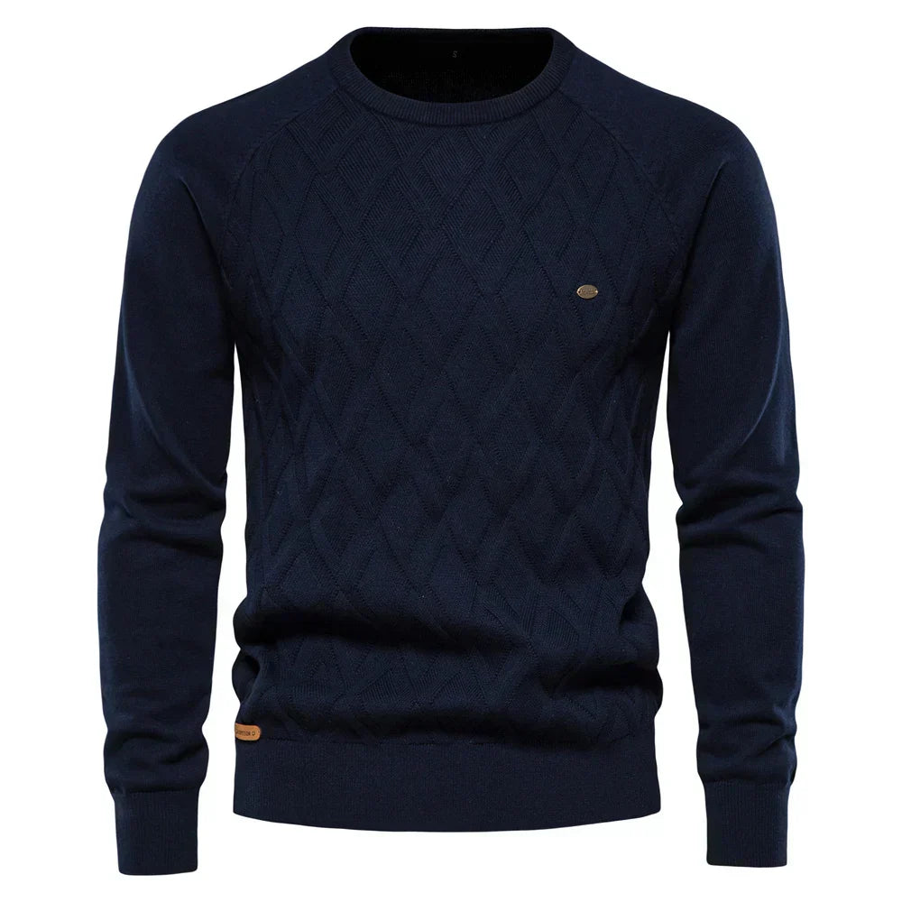 Herren Strickpullover Karo Rundhals Slim Fit elastisch bequem atmungsaktiv