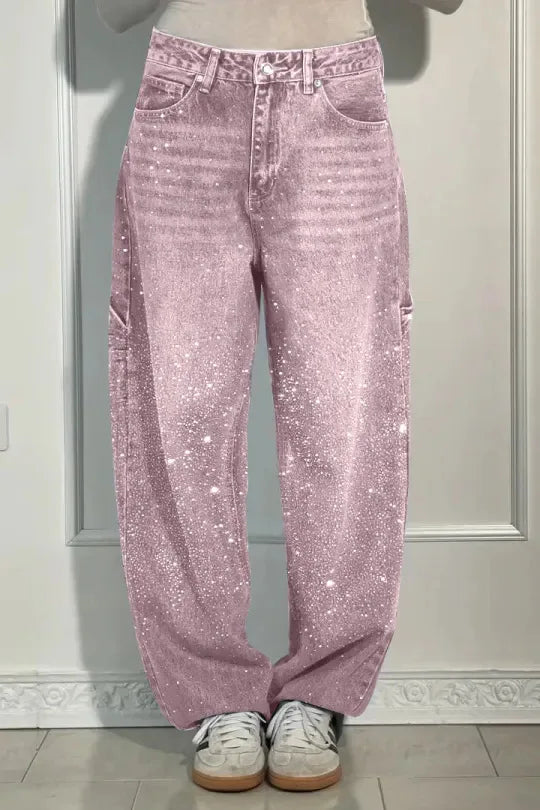 Damen Wide-Leg-Jeans High Waist mit Sternen und Hot-Diamond-Details Modische Casual Jeans