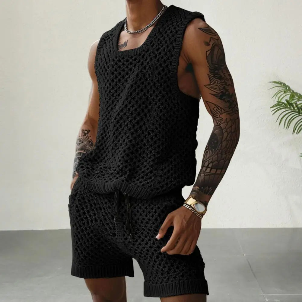 Herren Strick Zweiteiler Creme ärmelloses Tanktop mit Shorts Lochmuster Freizeit Sommer Set