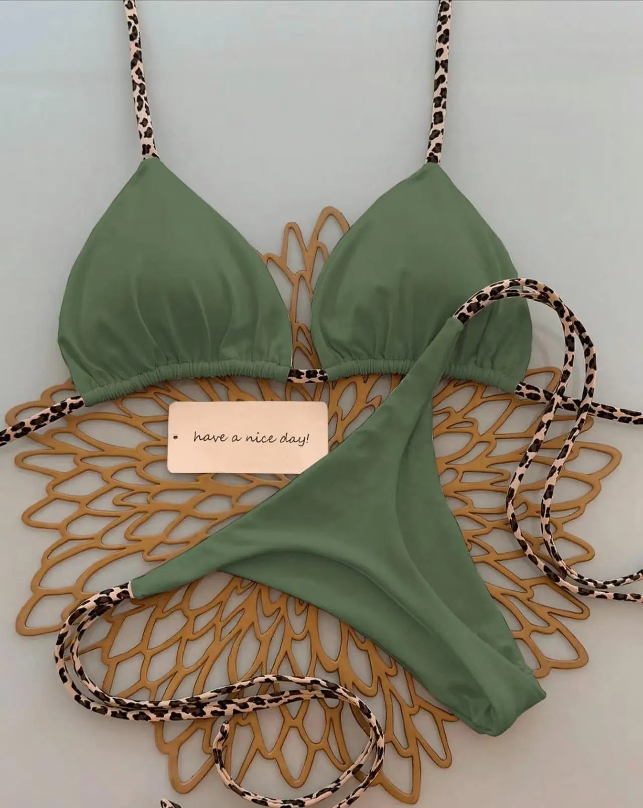 Damen Bikini-Set Leopardenmuster Tanga Bademode Strand Badeanzug