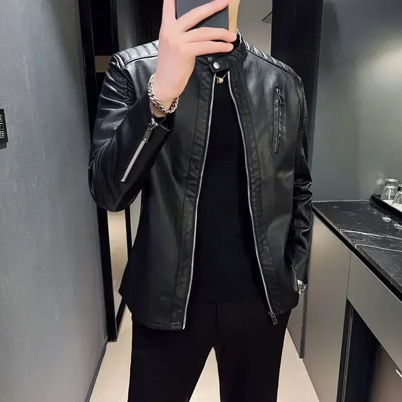 Herren Lederjacke Schwarz Slim Fit Elegant Klassisch Reißverschluss