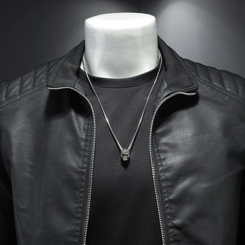 Herren Lederjacke Schwarz Slim Fit Klassisch Reißverschluss Elegant