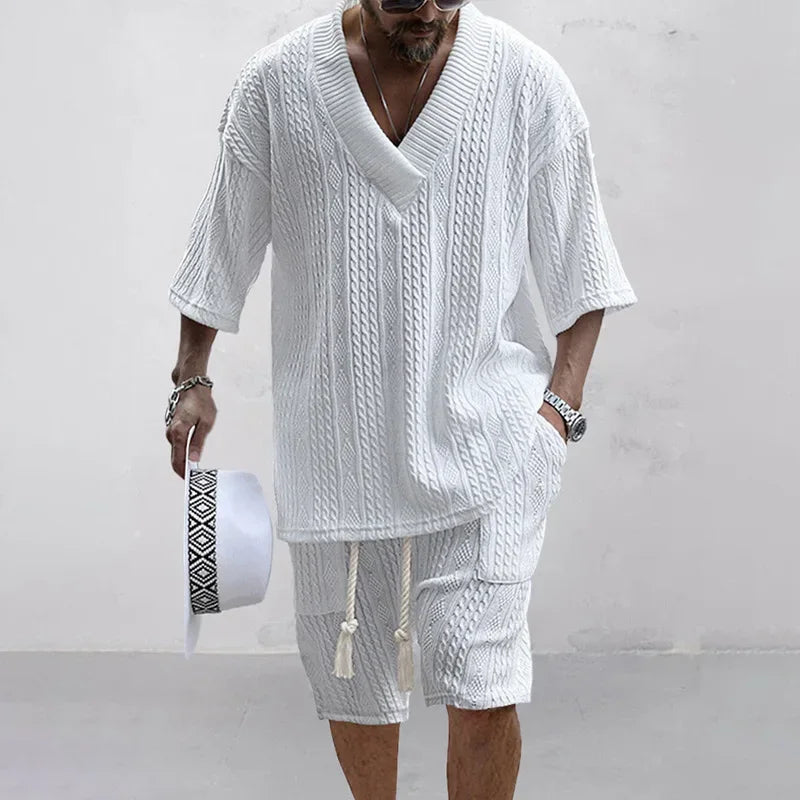 Herren Strick Zweiteiler Weiß V-Ausschnitt Kurzarm Shirt mit Shorts Strukturmuster Freizeit Sommer Set