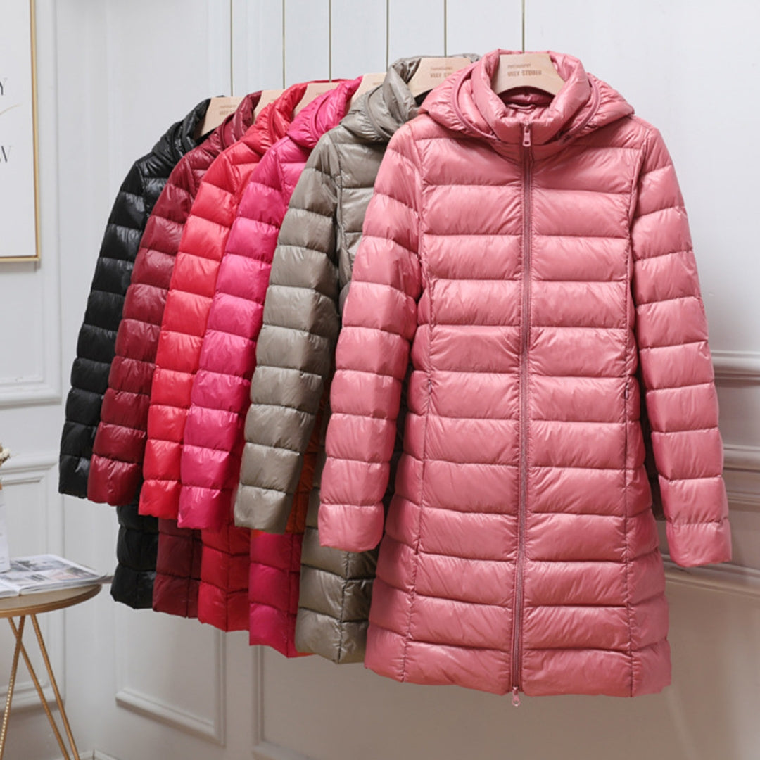 Damen Daunenjacke mit Kapuze, ultraleicht, wasserabweisend, packbar, schlichte Silhouette