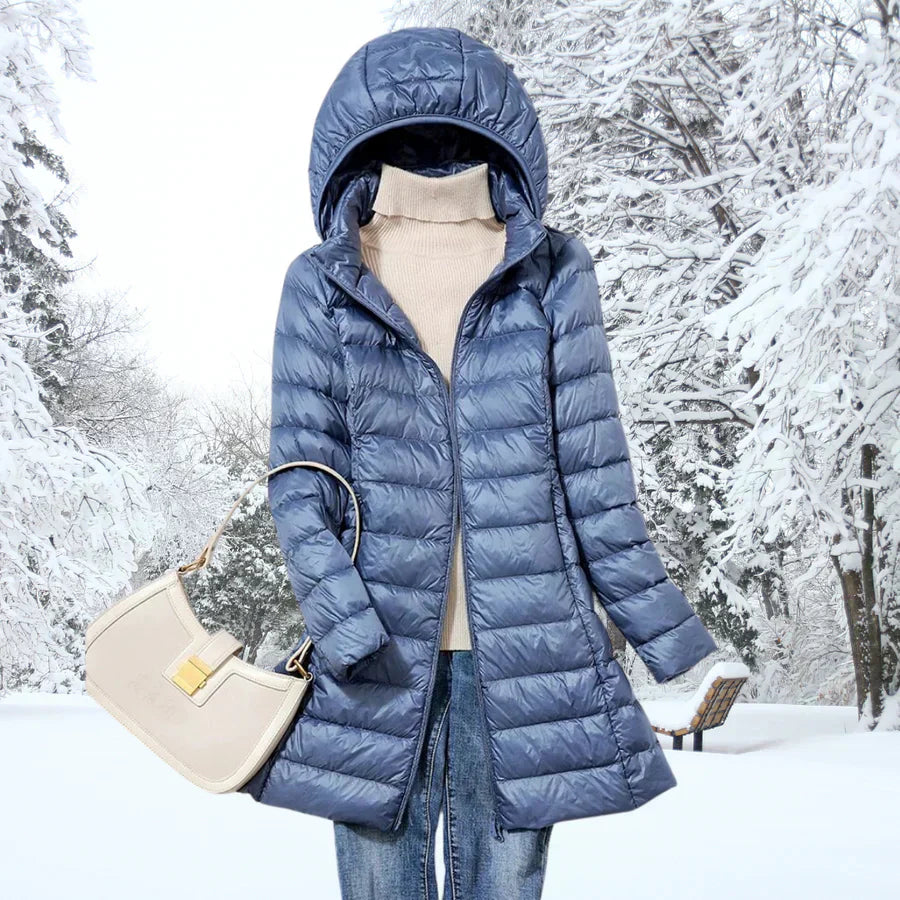 Damen Daunenjacke mit Kapuze, ultraleicht, wasserabweisend, packbar, schlichte Silhouette