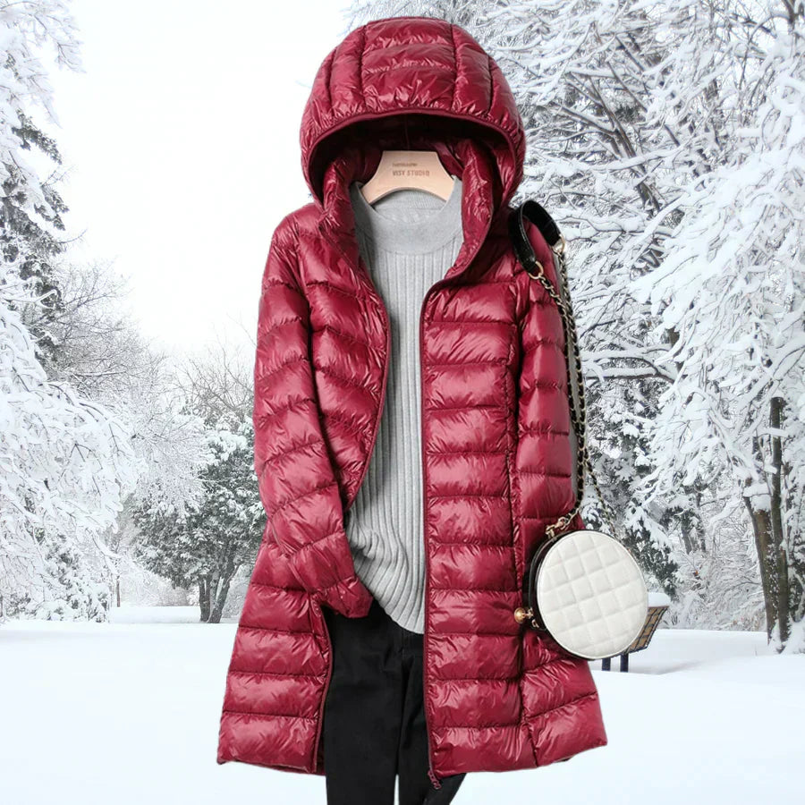 Damen Daunenjacke mit Kapuze, ultraleicht, wasserabweisend, packbar, schlichte Silhouette