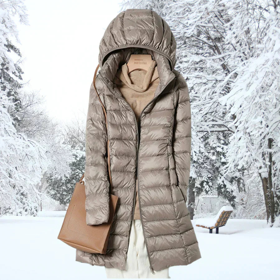 Damen Daunenjacke mit Kapuze, ultraleicht, wasserabweisend, packbar, schlichte Silhouette