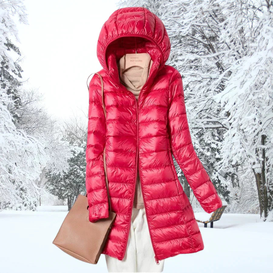 Damen Daunenjacke mit Kapuze, ultraleicht, wasserabweisend, packbar, schlichte Silhouette