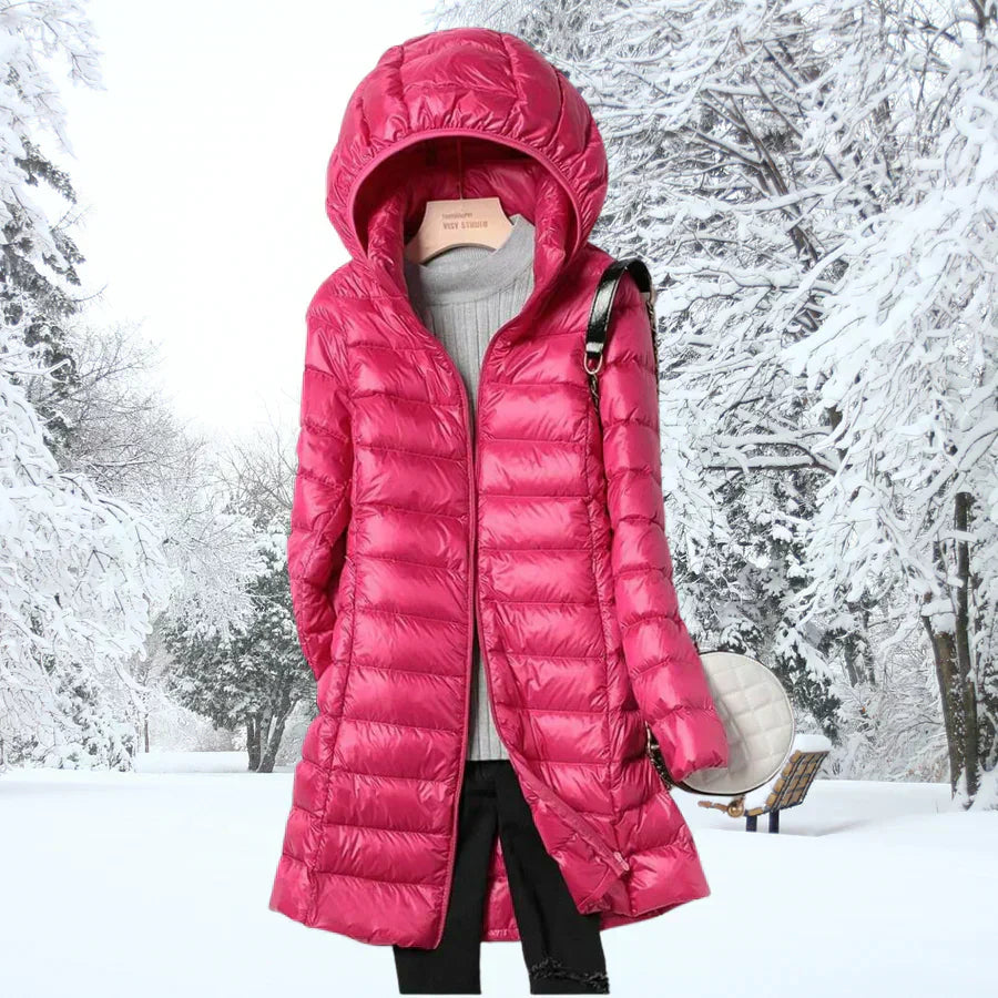 Damen Daunenjacke mit Kapuze, ultraleicht, wasserabweisend, packbar, schlichte Silhouette