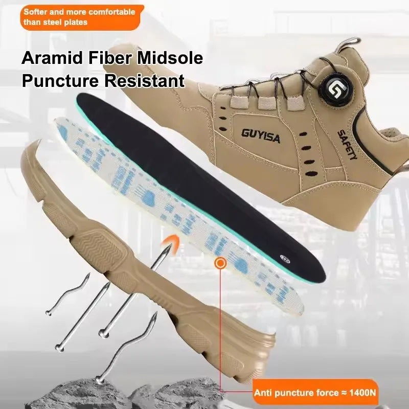 Sicherheitsstiefel Beige mit Drehverschluss, rutschfeste Arbeitsschuhe mit Zehenschutz und durchtrittshemmender Sohle