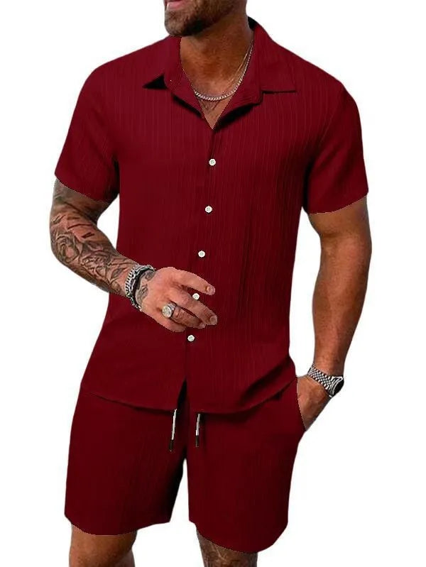 Herren Kurzarm Hemd Set Grün mit Shorts Strukturmuster Freizeit Zweiteiler Sommer Outfit