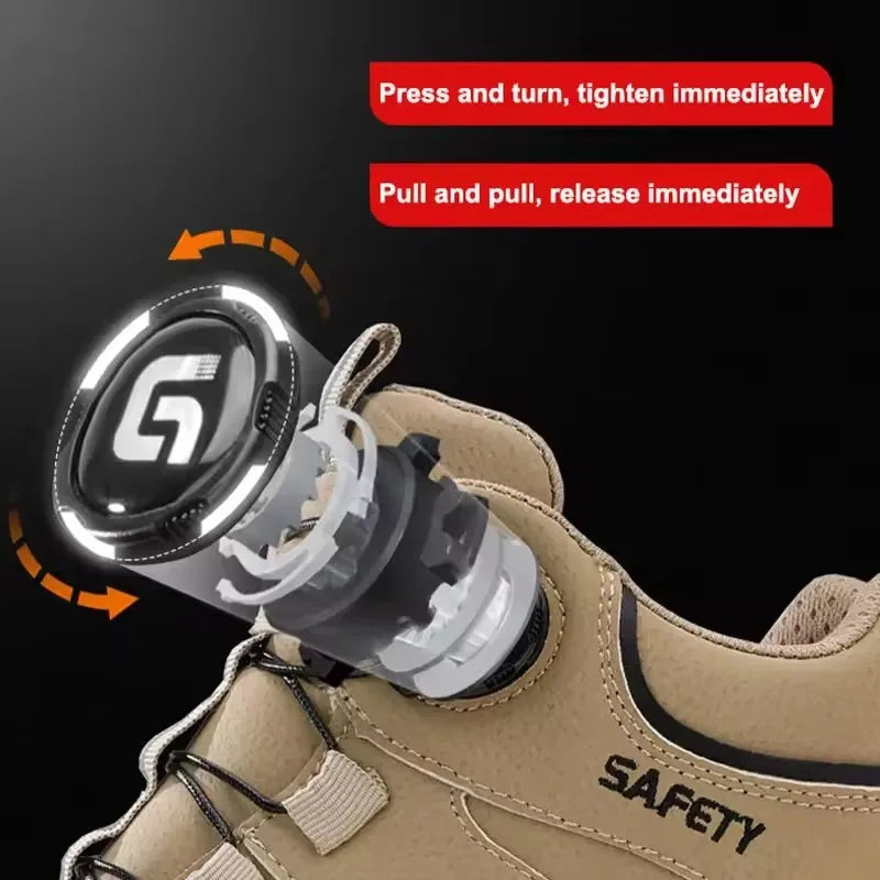 Sicherheitsstiefel Beige mit Drehverschluss, rutschfeste Arbeitsschuhe mit Zehenschutz und durchtrittshemmender Sohle
