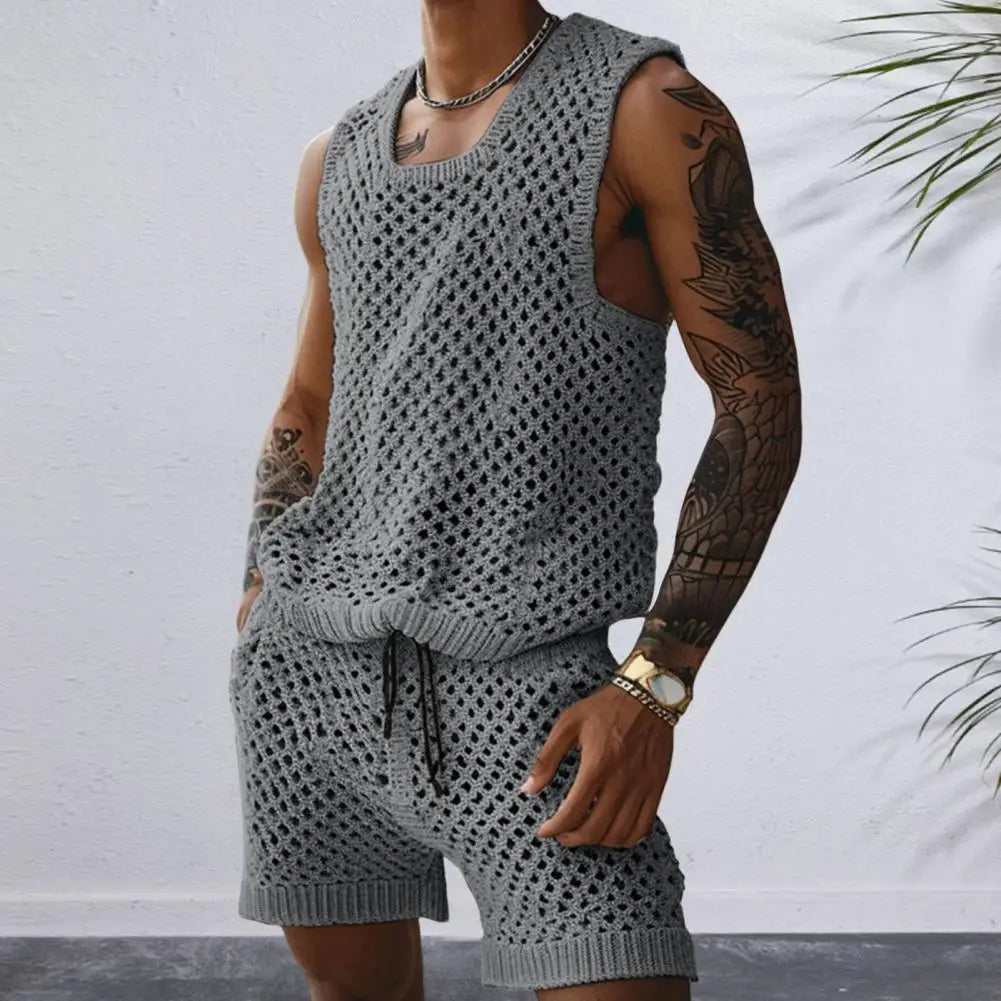 Herren Strick Zweiteiler Creme ärmelloses Tanktop mit Shorts Lochmuster Freizeit Sommer Set