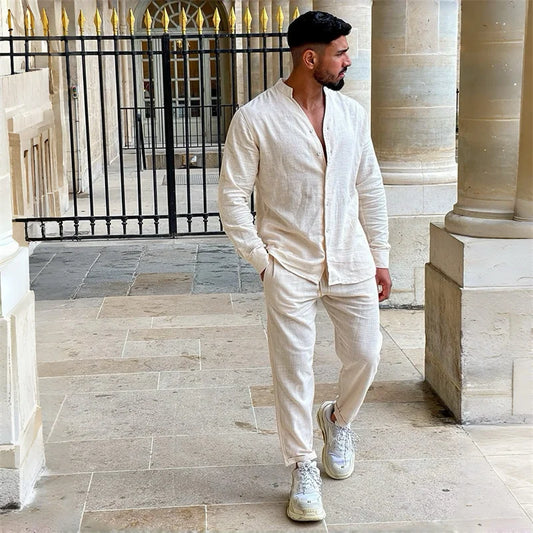 Herren Freizeitanzug Weiß Zweiteiler Langarm Hemd Hose Locker Geschnitten Casual Sommer Outfit