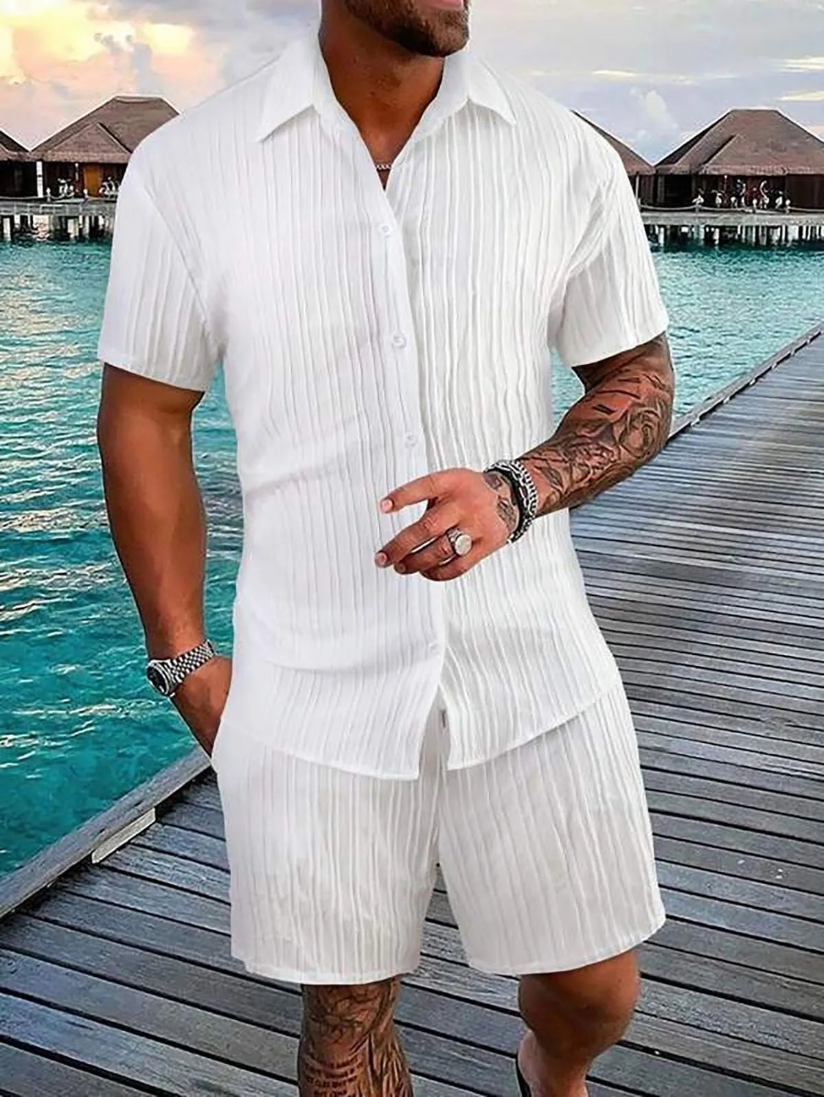 Herren Kurzarm Hemd Set Grün mit Shorts Strukturmuster Freizeit Zweiteiler Sommer Outfit