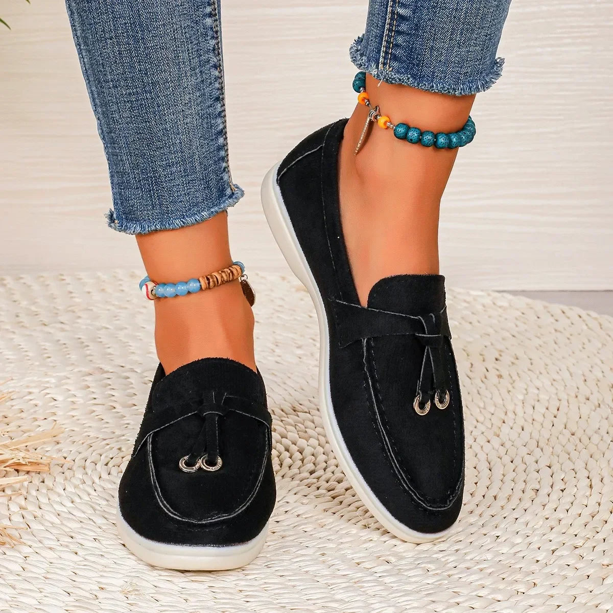 Damen Slipper Retro Schwarz flache Schuhe dicke Sohle bequeme Freizeitschuhe Slip-On