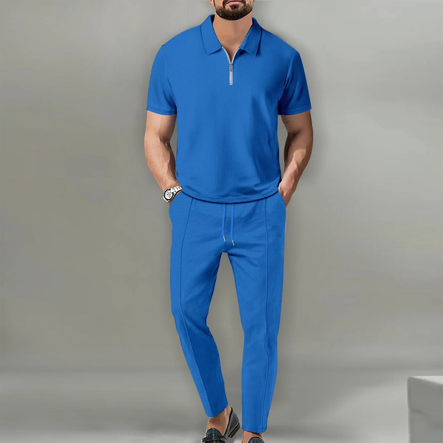 Herren Polo Set Creme mit Shorts Kurzarm Reißverschluss Strukturmuster Freizeit Zweiteiler Sommer