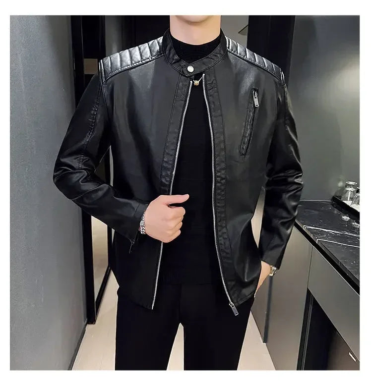Herren Lederjacke Schwarz Slim Fit Elegant Klassisch Reißverschluss
