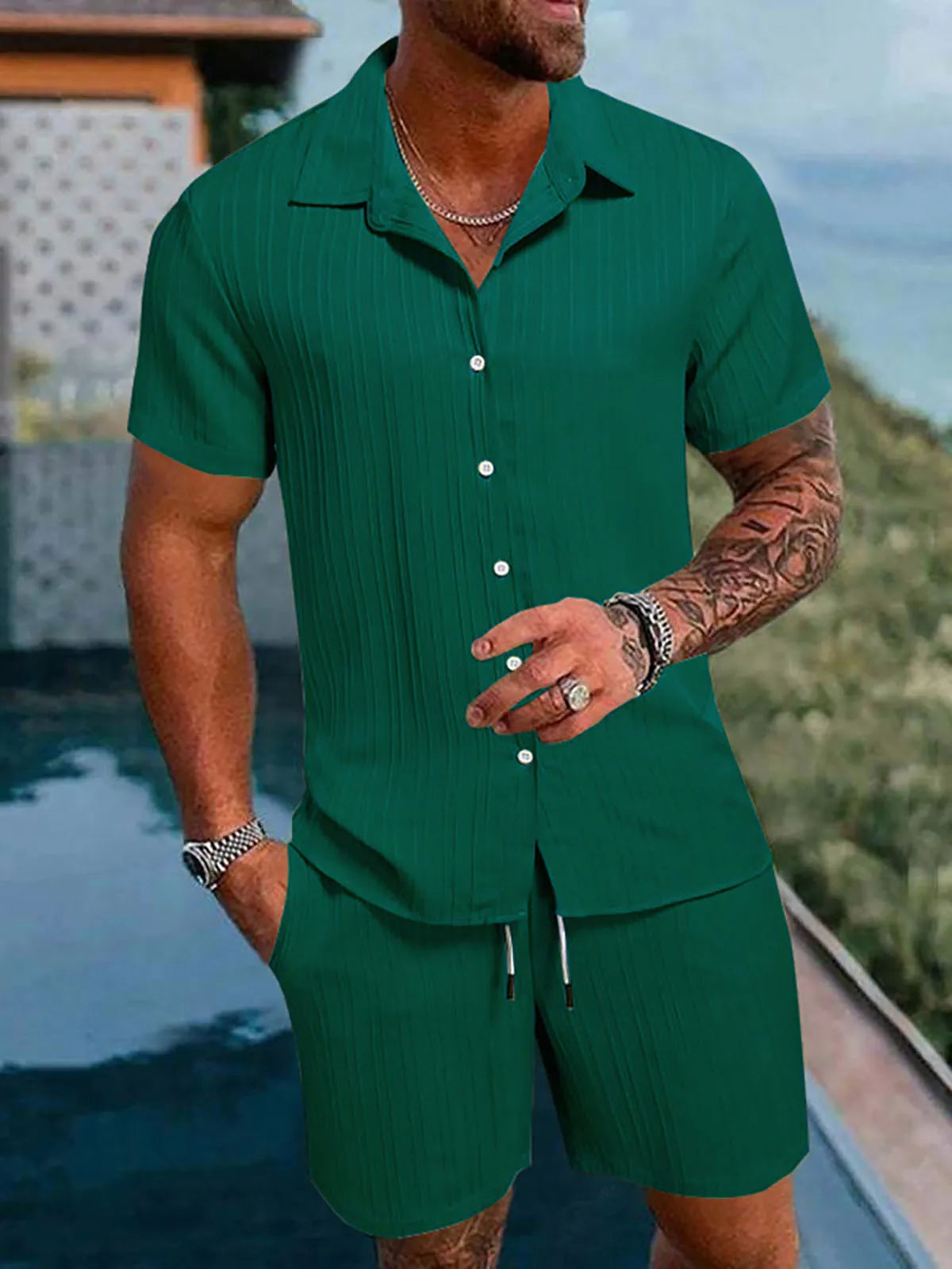 Herren Kurzarm Hemd Set Grün mit Shorts Strukturmuster Freizeit Zweiteiler Sommer Outfit