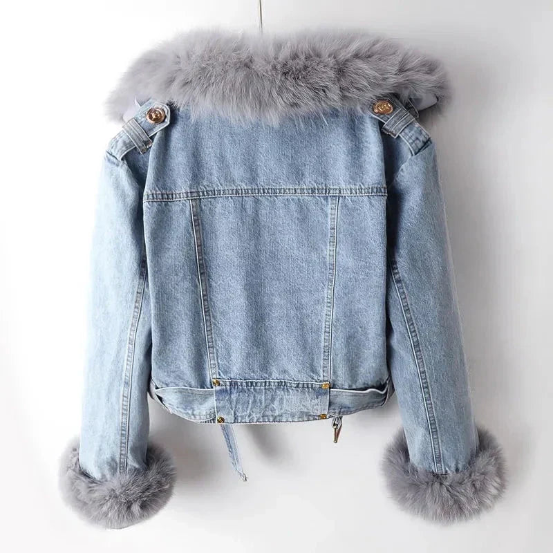 Damen Jeansjacke Kunstpelzkragen warmes Futter strukturierte Passform Reißverschluss