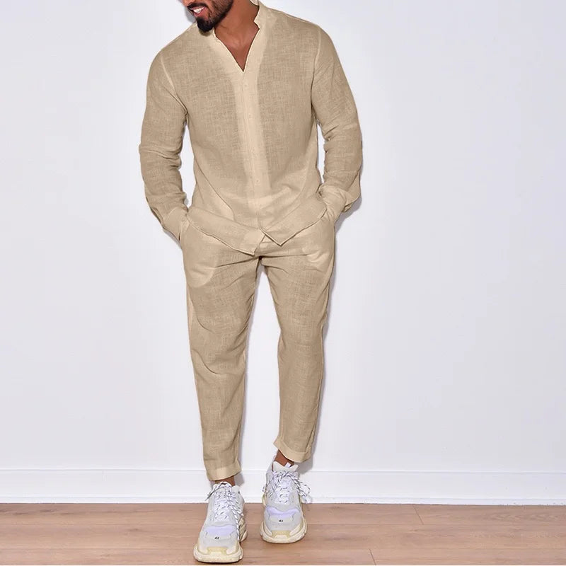 Herren Freizeitanzug Weiß Zweiteiler Langarm Hemd Hose Locker Geschnitten Casual Sommer Outfit