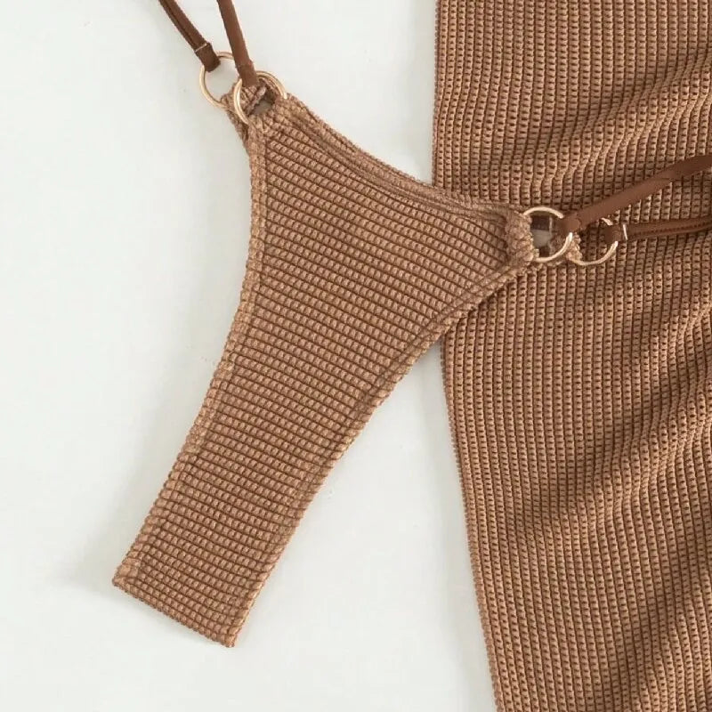 Damen Bikini-Set braun Halter Push-Up 3-teilig Tanga Bademode