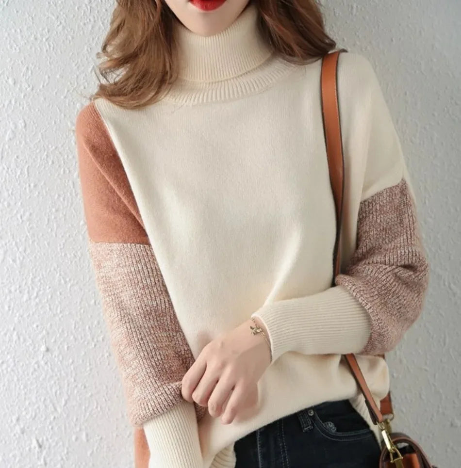 Damen Rollkragenpullover Zweifarbig Langarm weiches Material lockere Passform-Kontrastdesign