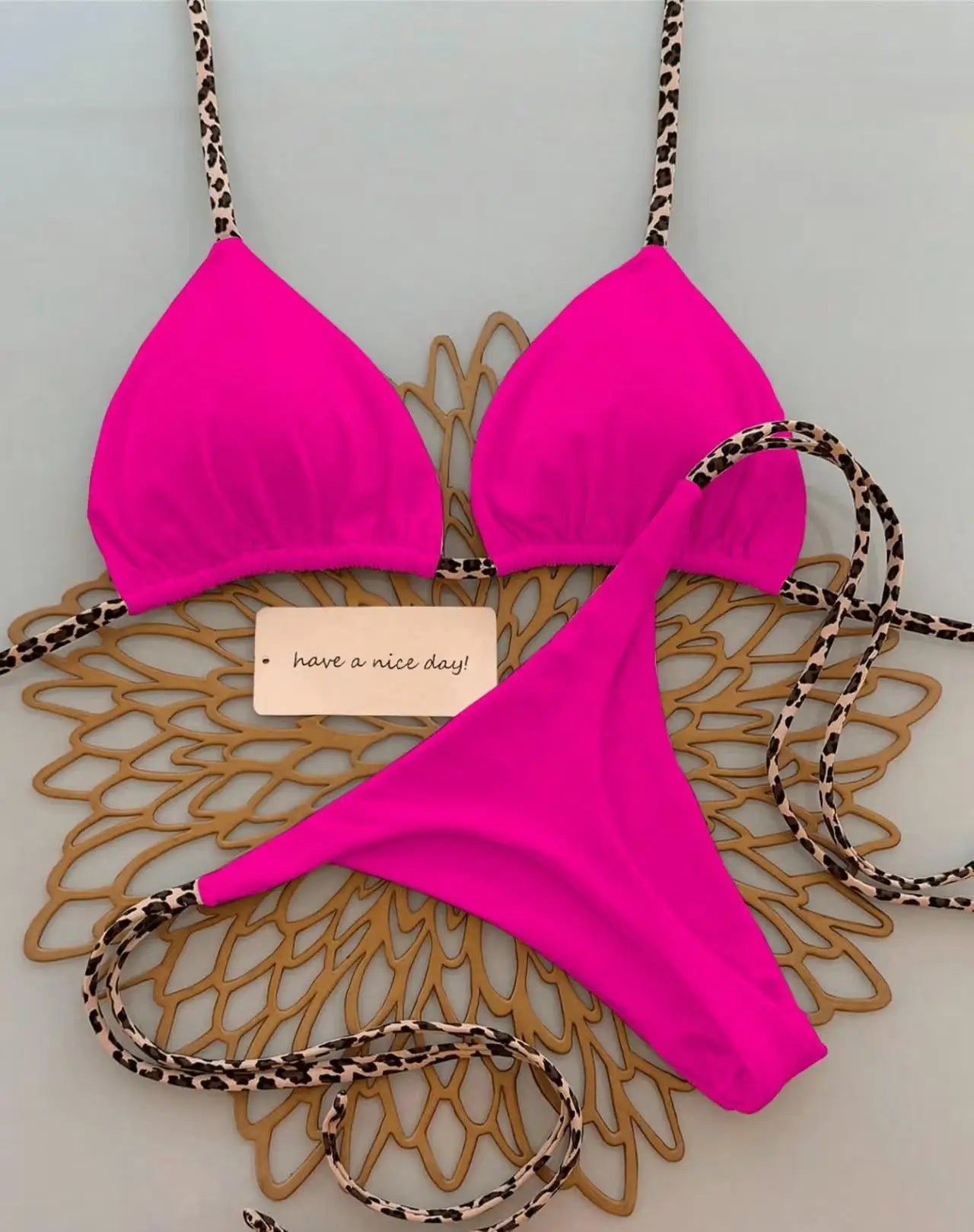 Damen Bikini-Set Leopardenmuster Tanga Bademode Strand Badeanzug