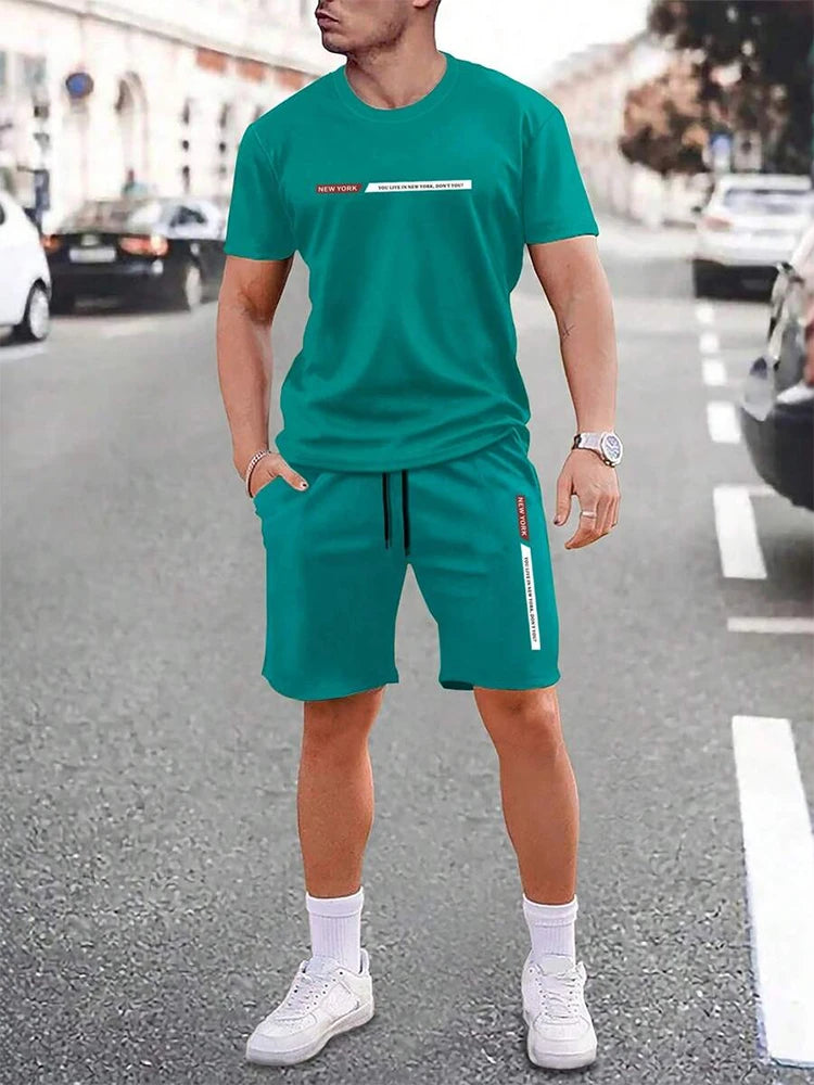 Herren T-Shirt Set Türkis mit Shorts Freizeit Zweiteiler Kurzarm Sommer Outfit