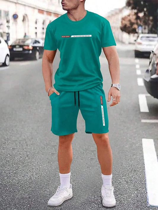 Herren T-Shirt Set Türkis mit Shorts Freizeit Zweiteiler Kurzarm Sommer Outfit