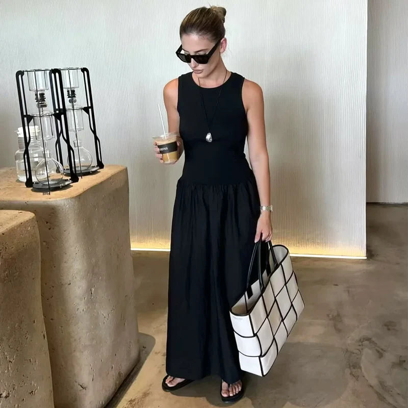 Damen Maxikleid ärmellos schwarz fließend elegant entspannte Passform