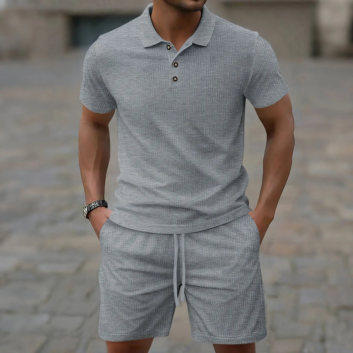 Herren Kurzarm Polo-Set Creme mit Shorts Strukturmuster Freizeit Zweiteiler Sommer Outfit