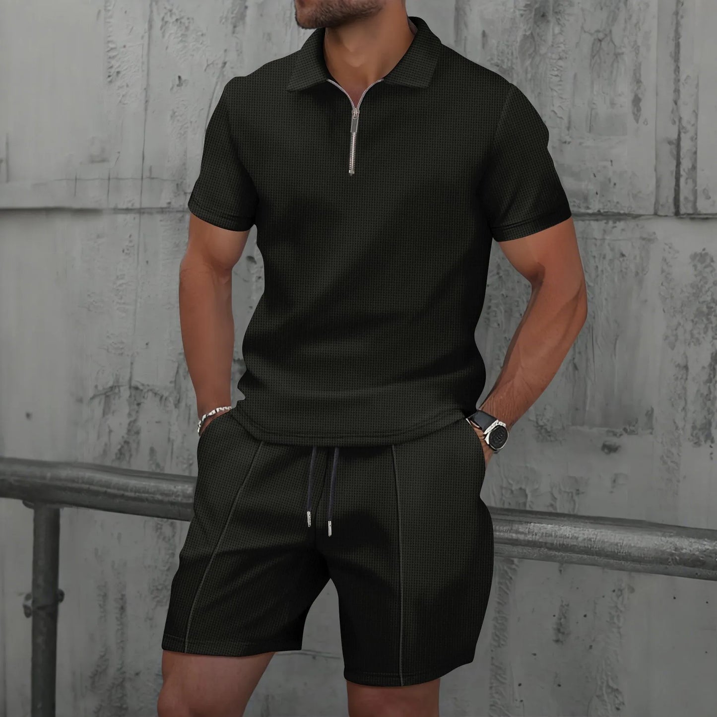 Herren Polo Set Creme mit Shorts Kurzarm Reißverschluss Strukturmuster Freizeit Zweiteiler Sommer