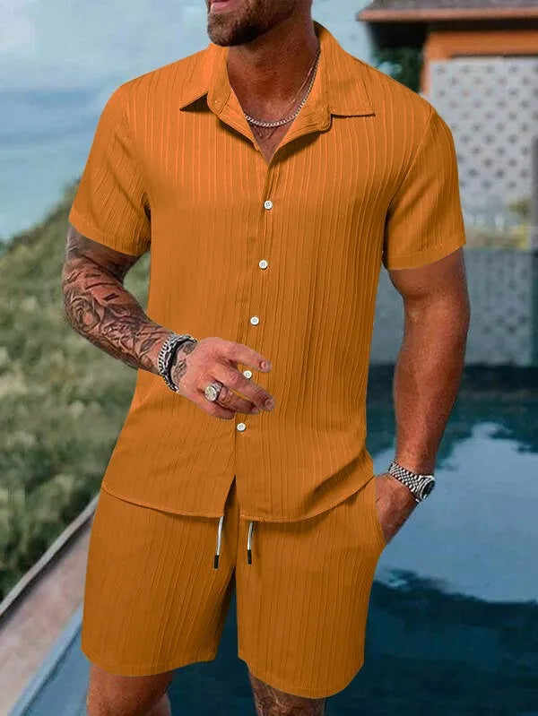 Herren Kurzarm Hemd Set Grün mit Shorts Strukturmuster Freizeit Zweiteiler Sommer Outfit