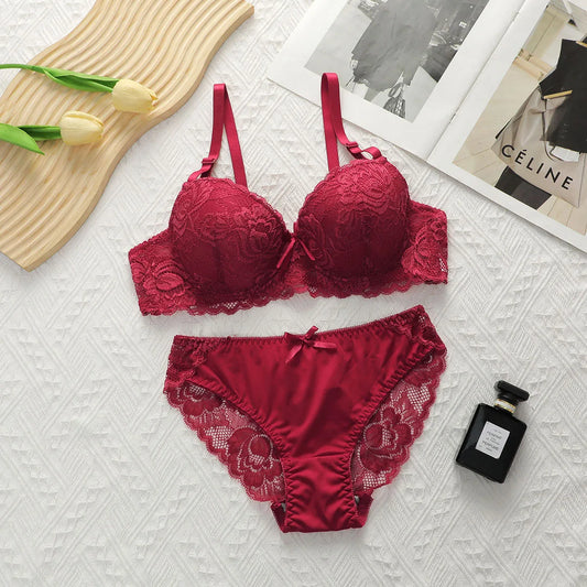 Damen Dessous Set Rot Spitzen BH Slip Set mit Bügel verstellbaren Trägern und Push-up Form