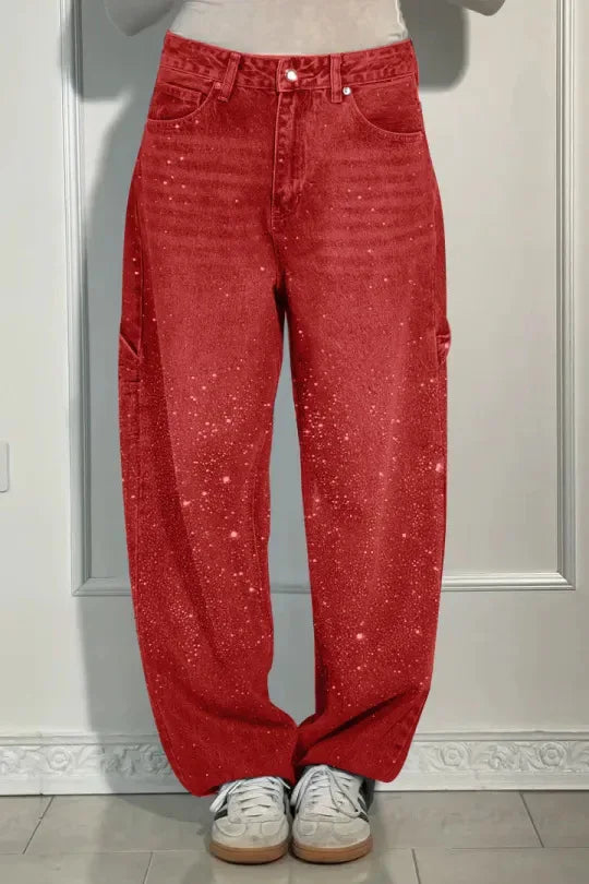 Damen Wide-Leg-Jeans High Waist mit Sternen und Hot-Diamond-Details Modische Casual Jeans