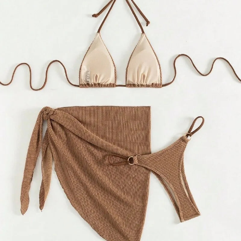Damen Bikini-Set braun Halter Push-Up 3-teilig Tanga Bademode