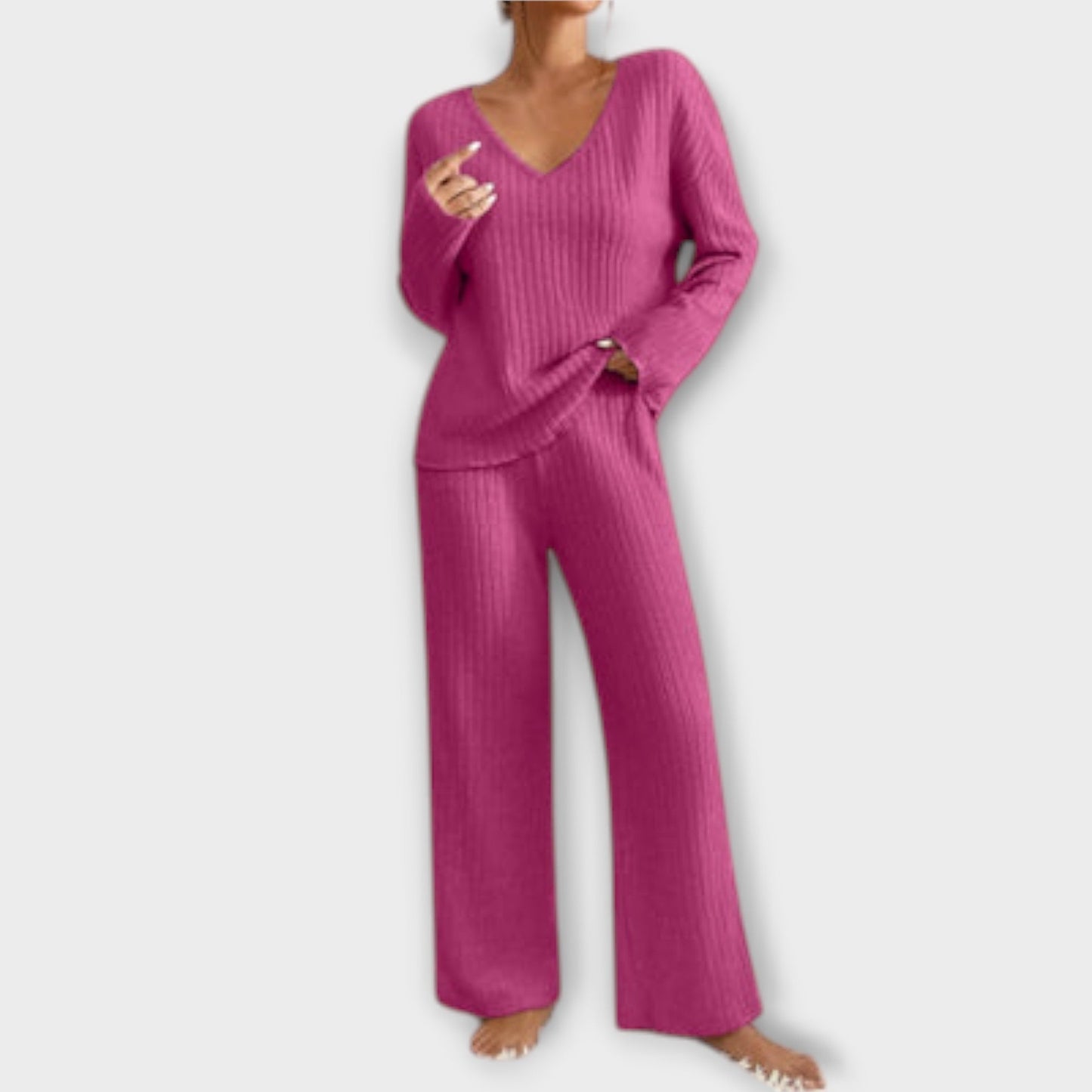 Damen Zweiteiler Regular Fit Geripptes Oberteil mit V-Ausschnitt Hose Elastischer Bund Casual Lounge Set 2-teilig