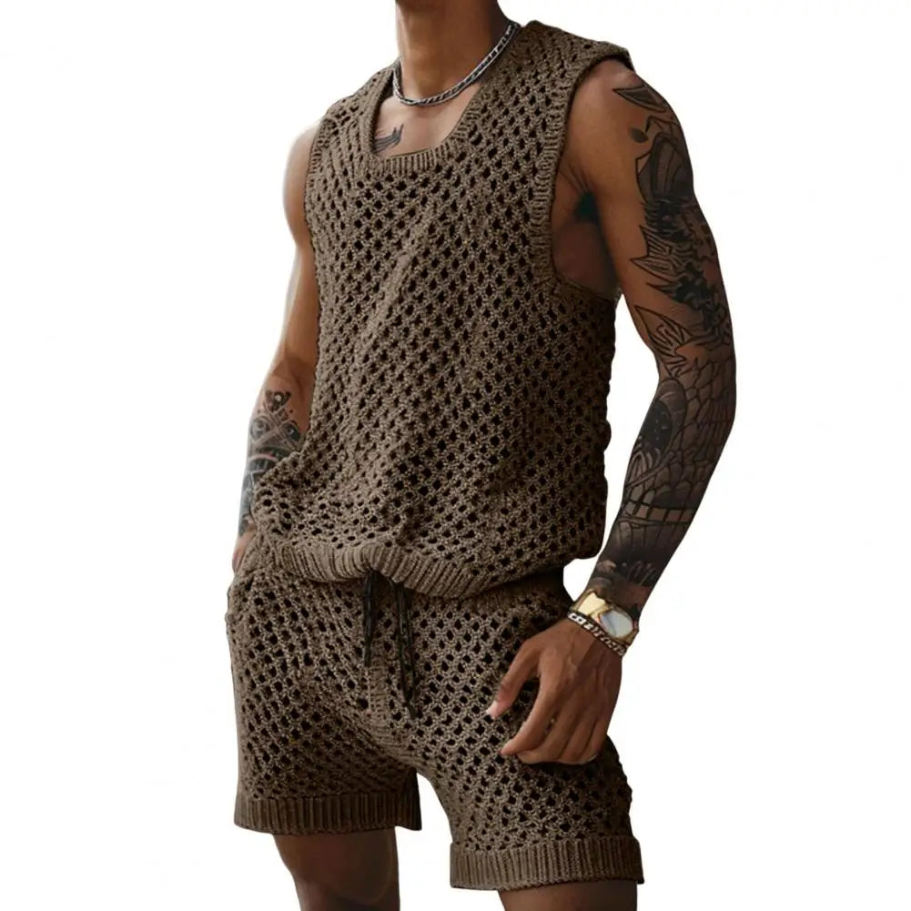 Herren Strick Zweiteiler Creme ärmelloses Tanktop mit Shorts Lochmuster Freizeit Sommer Set