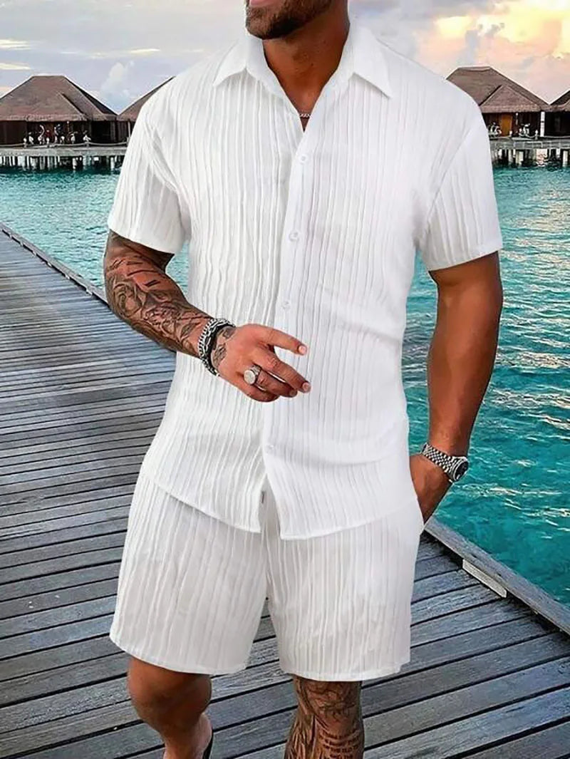 Herren Kurzarm Hemd Set Grün mit Shorts Strukturmuster Freizeit Zweiteiler Sommer Outfit
